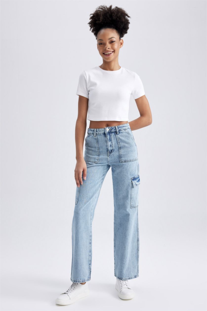 نساء أزرق فاتح بنطلون جينز كارجو 90’S قطن وايد ليج