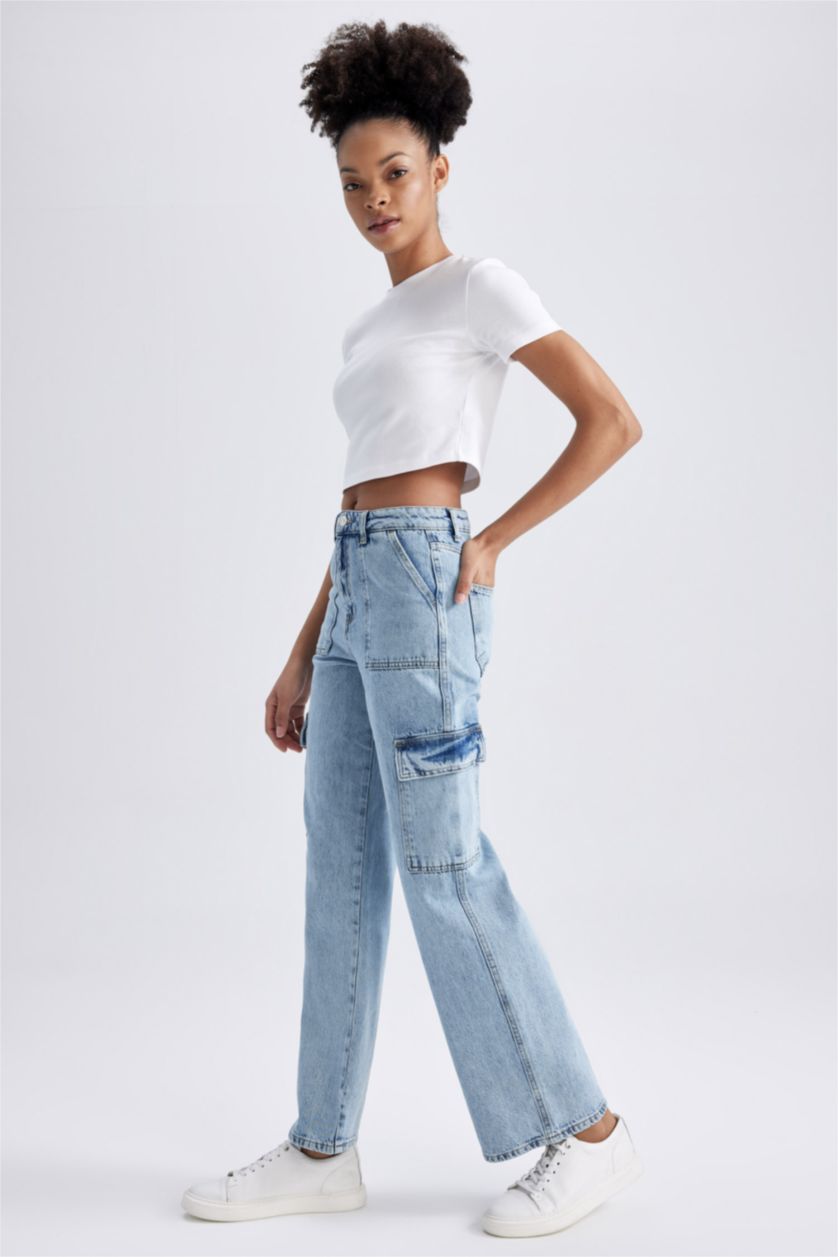 نساء أزرق فاتح بنطلون جينز كارجو 90’S قطن وايد ليج