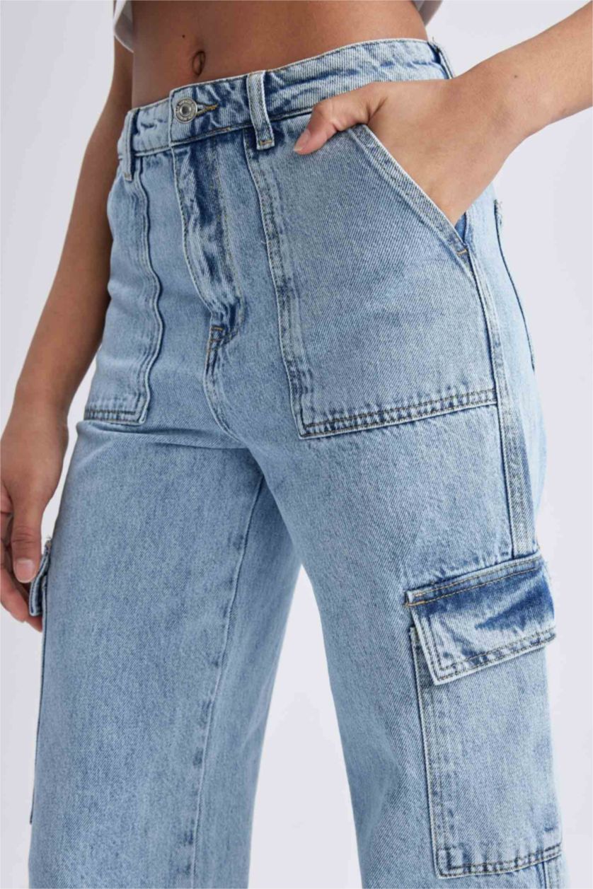 نساء أزرق فاتح بنطلون جينز كارجو 90’S قطن وايد ليج