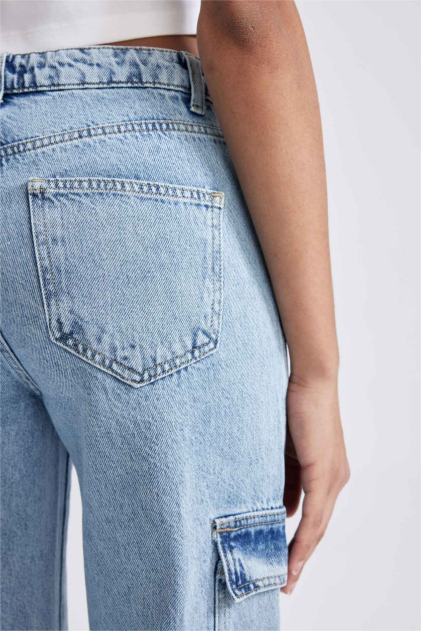 نساء أزرق فاتح بنطلون جينز كارجو 90’S قطن وايد ليج