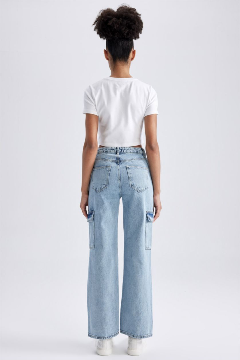 نساء أزرق فاتح بنطلون جينز كارجو 90’S قطن وايد ليج