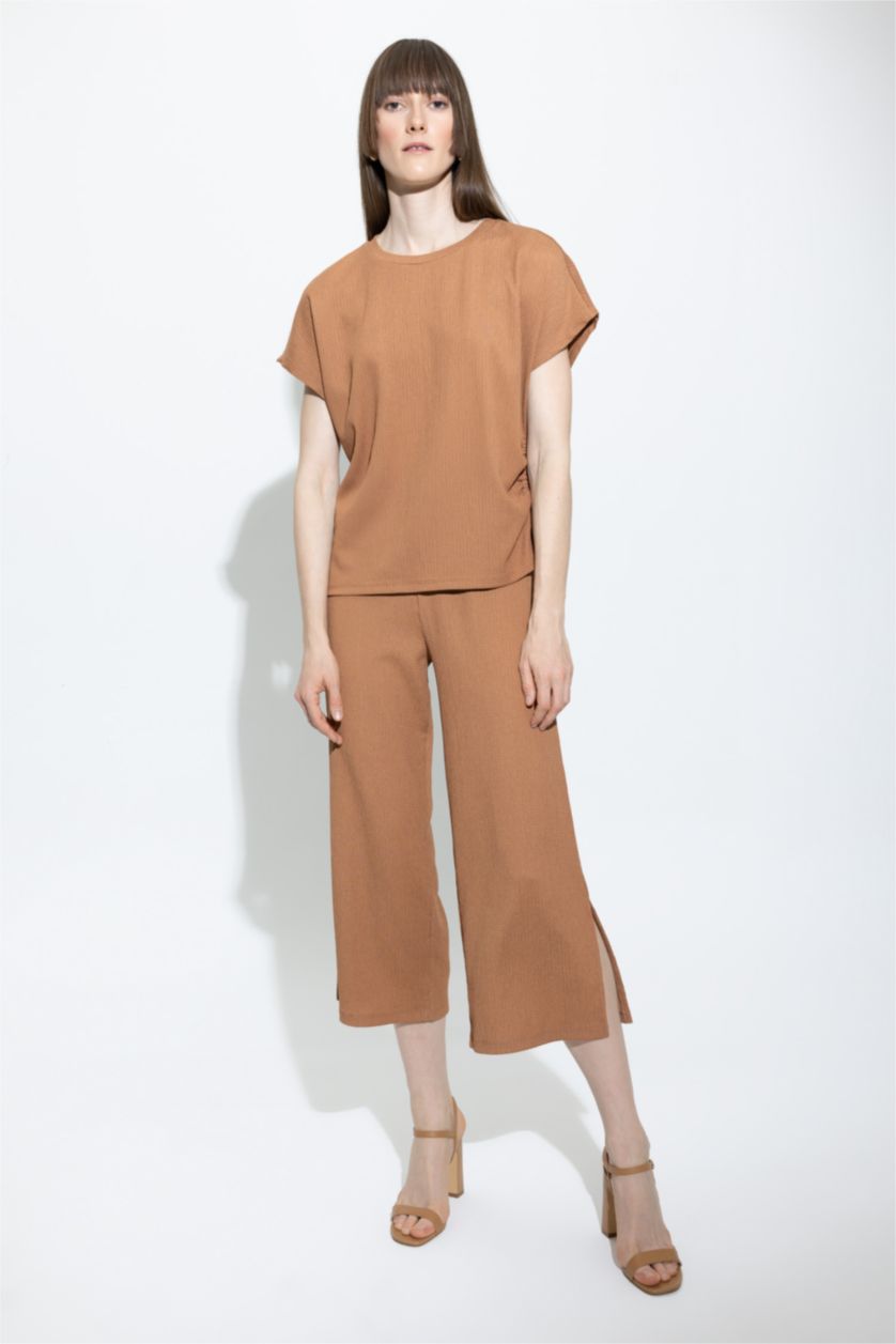 Kadın Koyu Camel Wıde Leg Bürümcük Pantolon