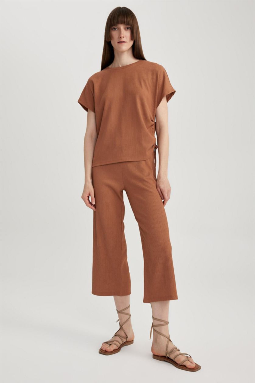 Kadın Koyu Camel Wıde Leg Bürümcük Pantolon