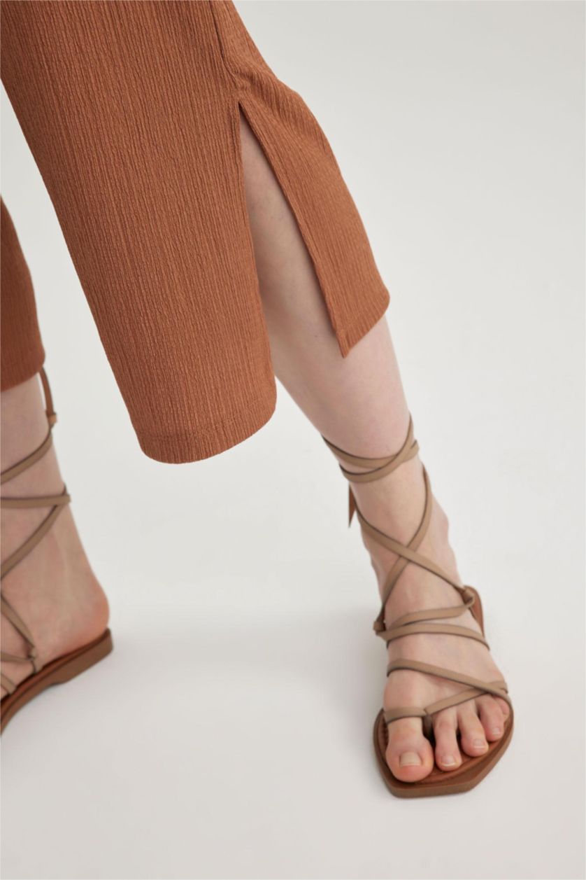 Kadın Koyu Camel Wıde Leg Bürümcük Pantolon