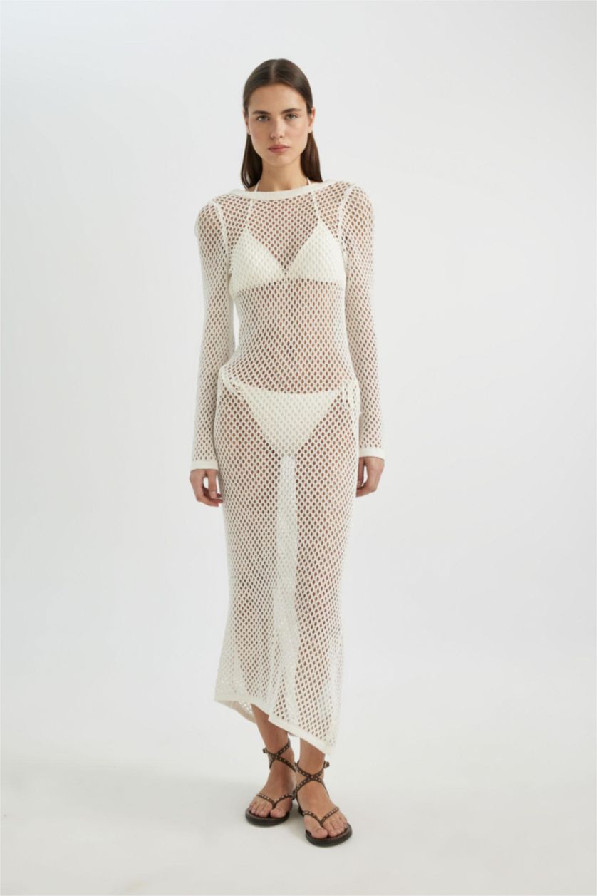 WOMAN Ecru Long Sleeve White Mesh Beach Dress