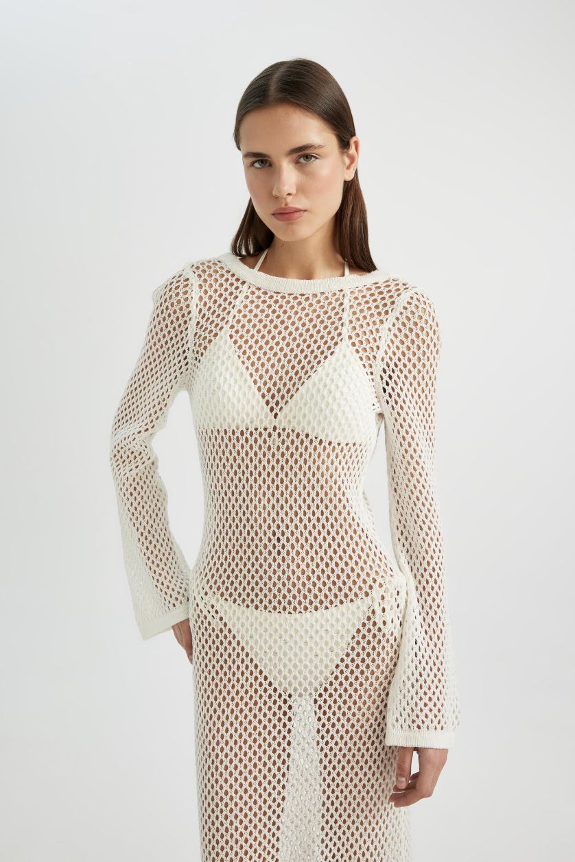 WOMAN Ecru Long Sleeve White Mesh Beach Dress