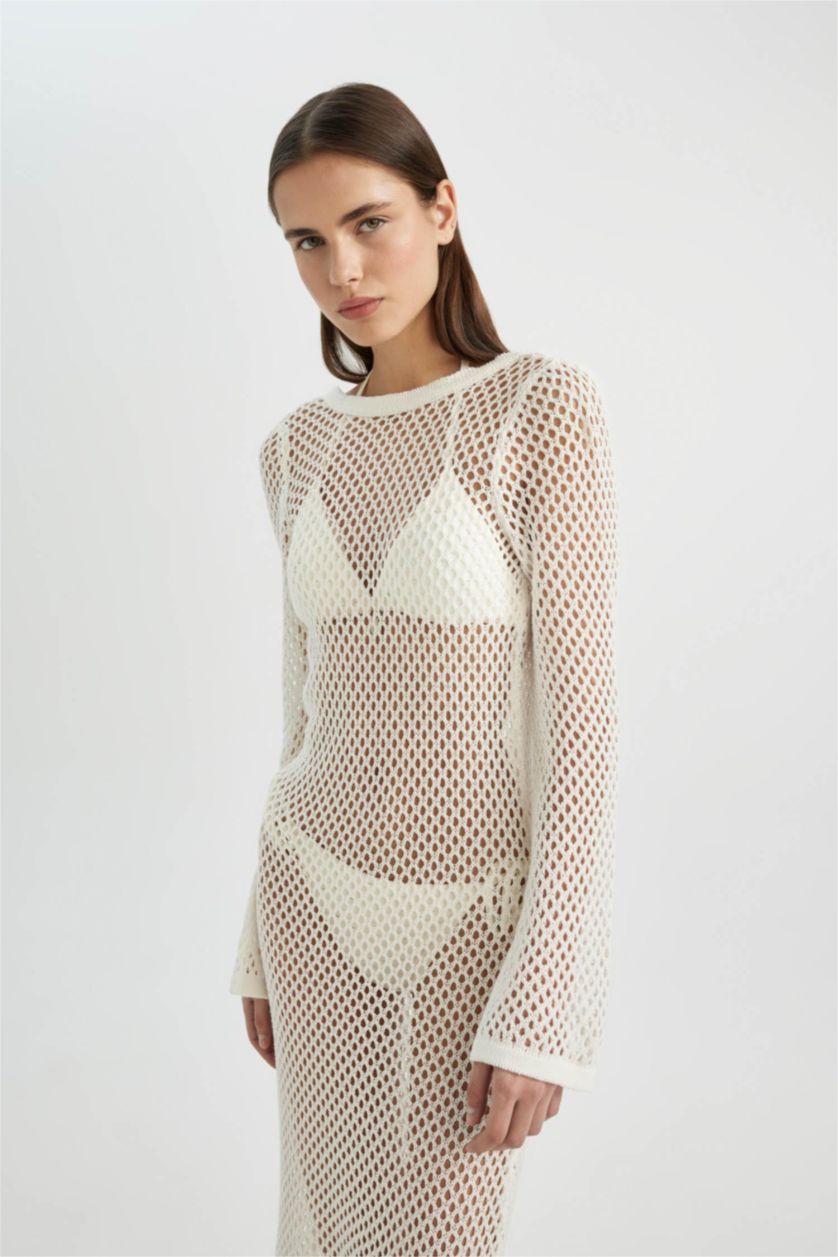 WOMAN Ecru Long Sleeve White Mesh Beach Dress