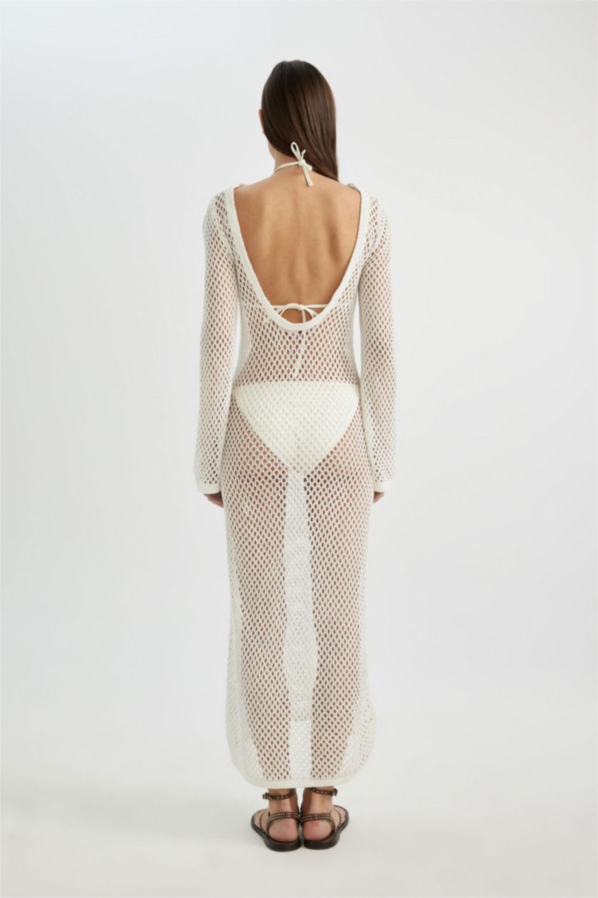 WOMAN Ecru Long Sleeve White Mesh Beach Dress