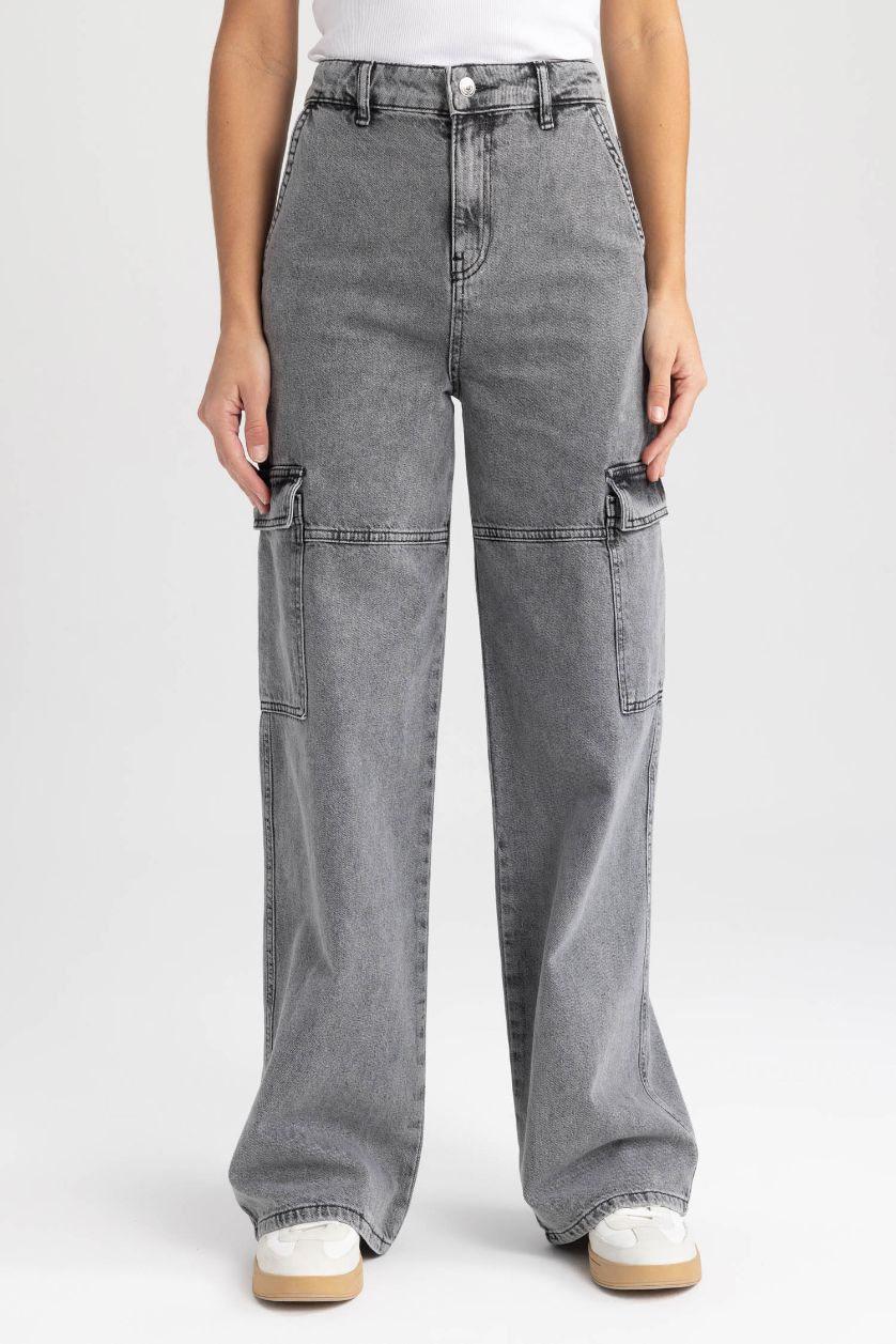 WOMAN Grey Straight Fit Cargo Jean Long Trousers