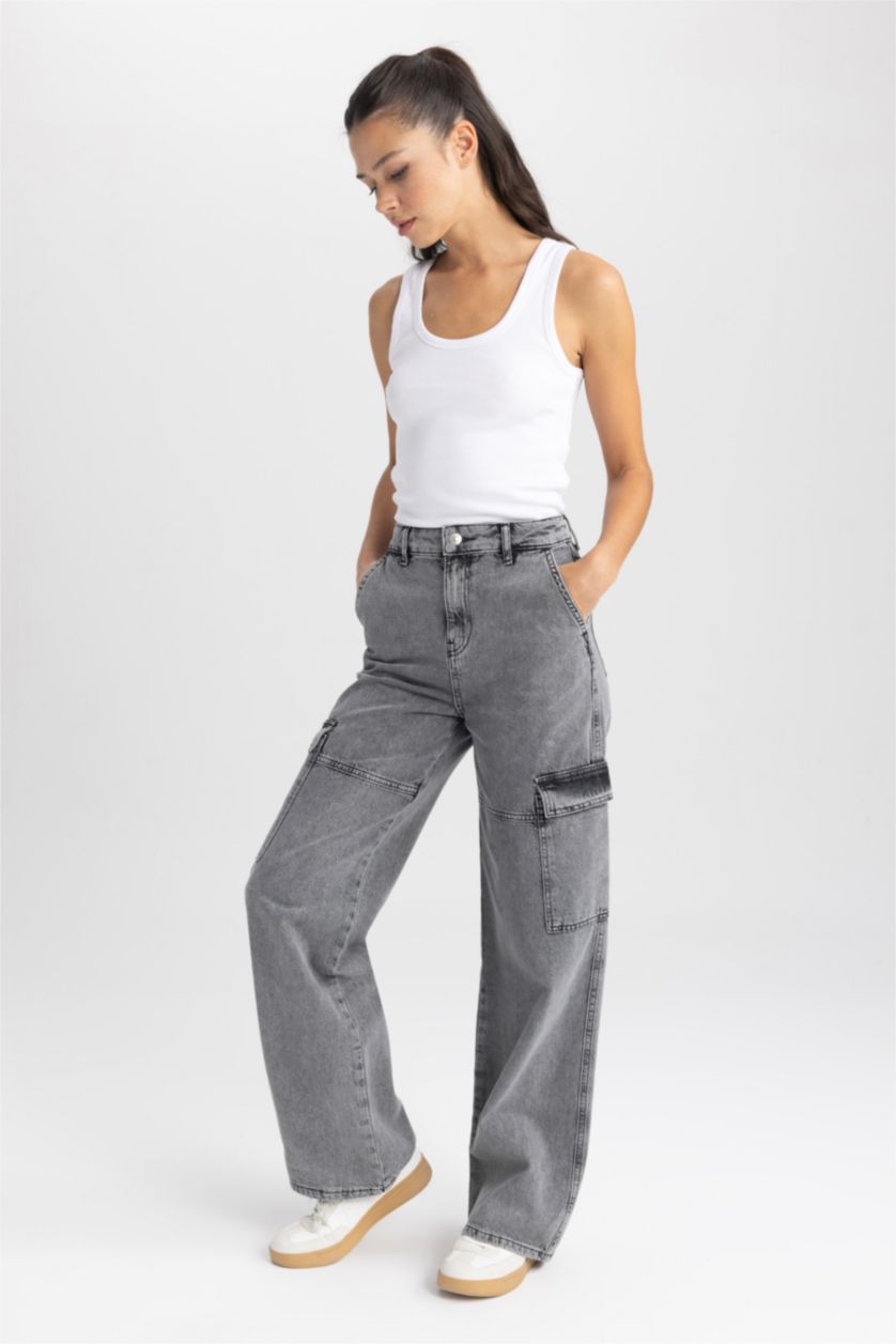 WOMAN Grey Straight Fit Cargo Jean Long Trousers