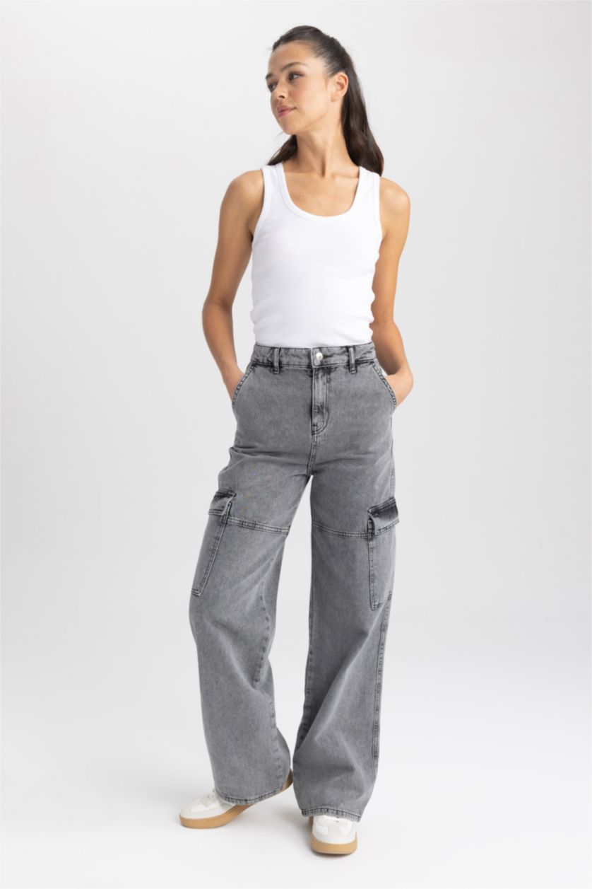 WOMAN Grey Straight Fit Cargo Jean Long Trousers