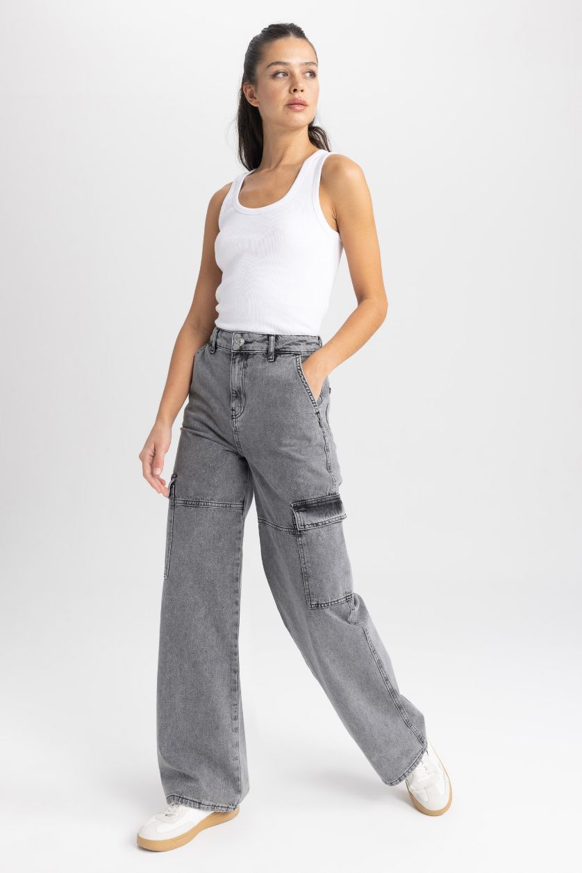 WOMAN Grey Straight Fit Cargo Jean Long Trousers