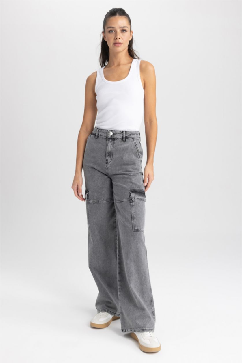 WOMAN Grey Straight Fit Cargo Jean Long Trousers