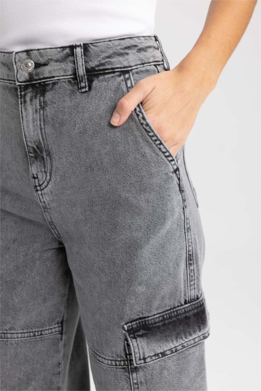 WOMAN Grey Straight Fit Cargo Jean Long Trousers