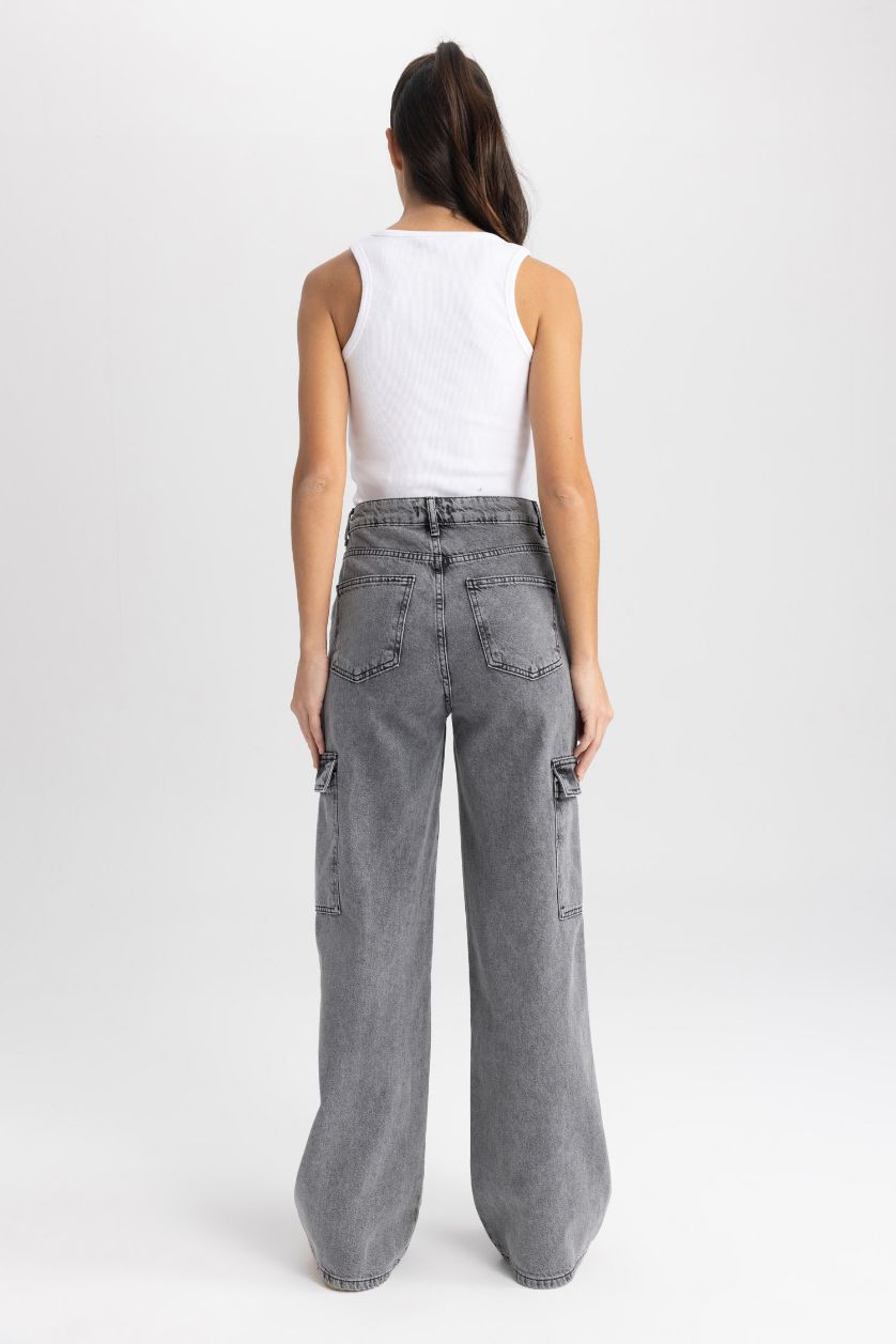 WOMAN Grey Straight Fit Cargo Jean Long Trousers