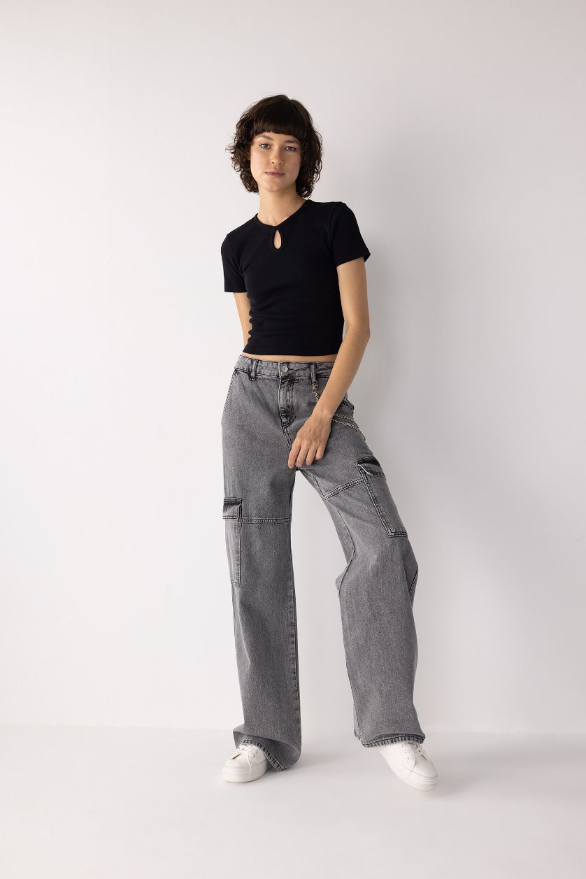 WOMAN Grey Straight Fit Cargo Jean Long Trousers