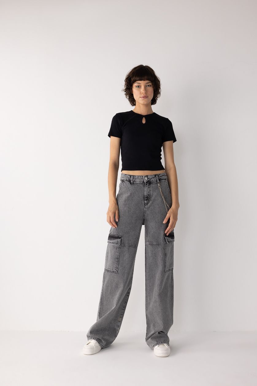 WOMAN Grey Straight Fit Cargo Jean Long Trousers