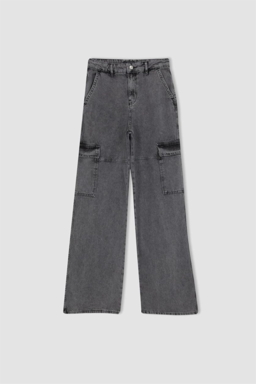 WOMAN Grey Straight Fit Cargo Jean Long Trousers