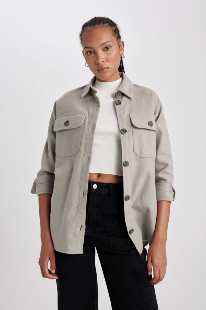 Женщины Светло-серый Рубашка с длинным рукавом из 100% хлопка