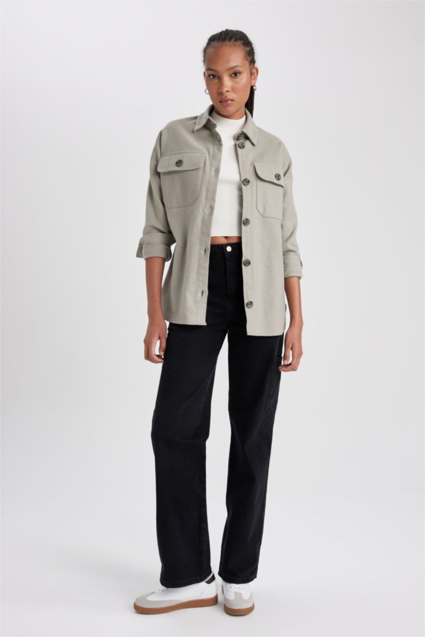 Женщины Светло-серый Рубашка с длинным рукавом из 100% хлопка