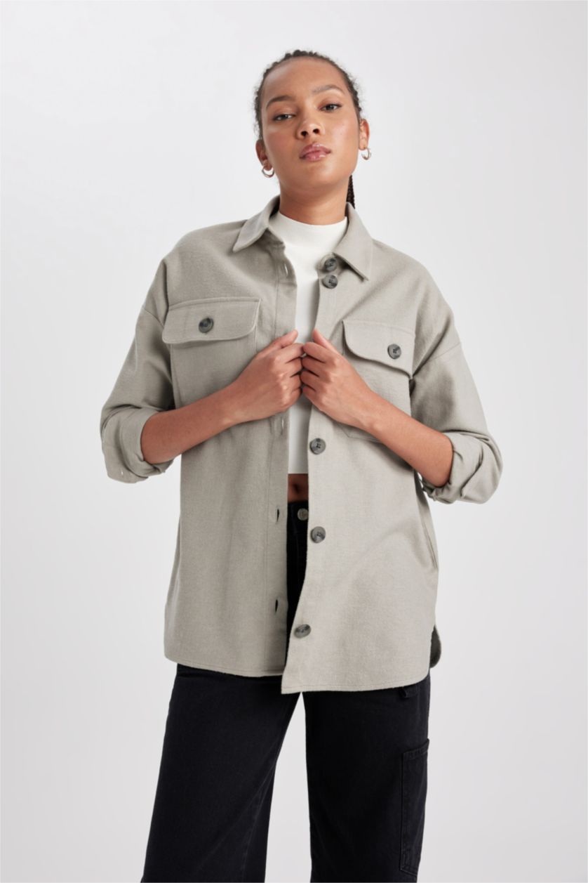 Женщины Светло-серый Рубашка с длинным рукавом из 100% хлопка