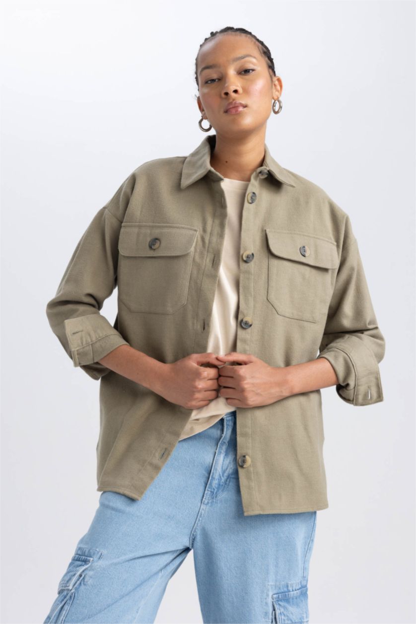 Женщины Хаки Туника рубашка с длинным рукавом из 100% хлопка