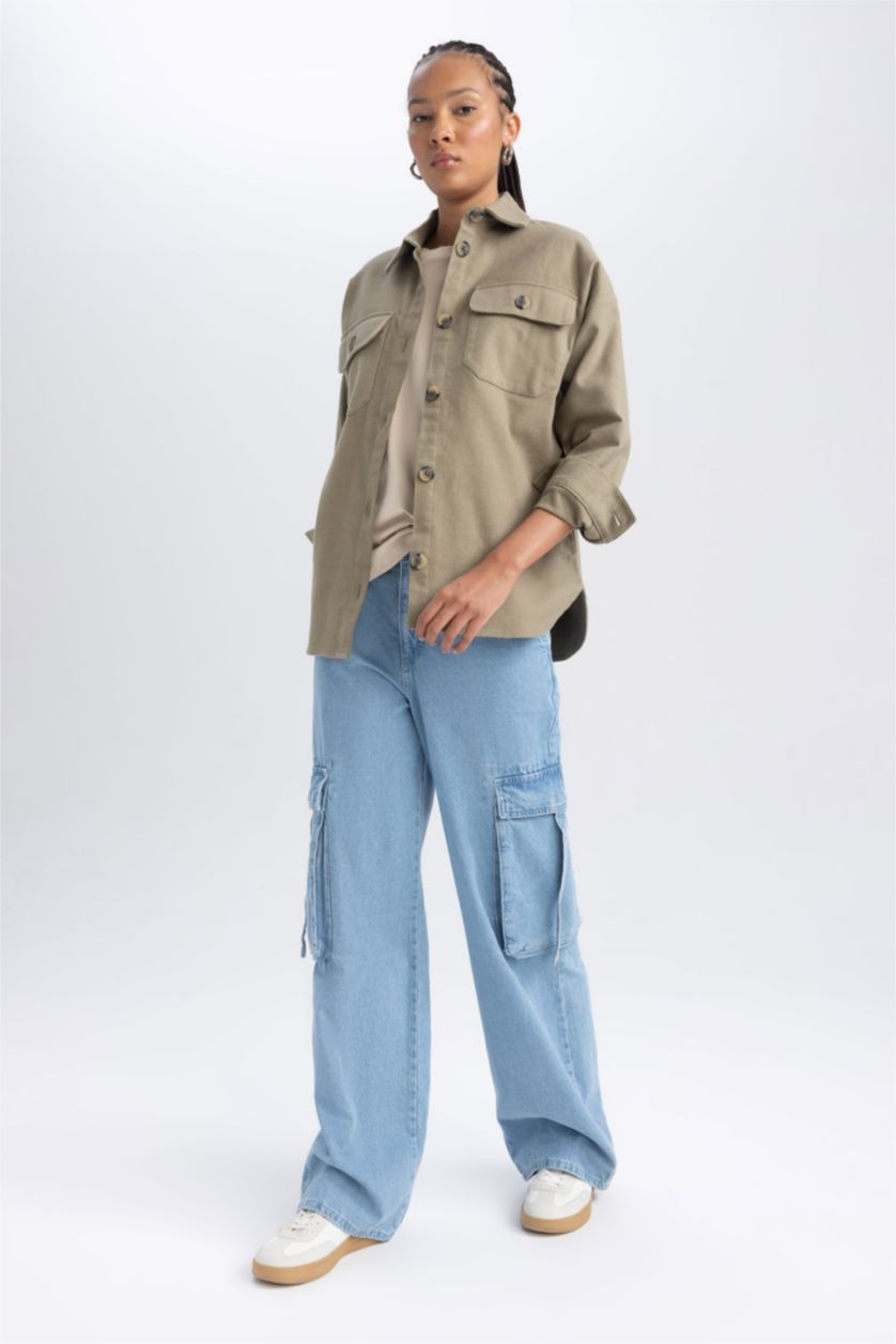 Женщины Хаки Туника рубашка с длинным рукавом из 100% хлопка