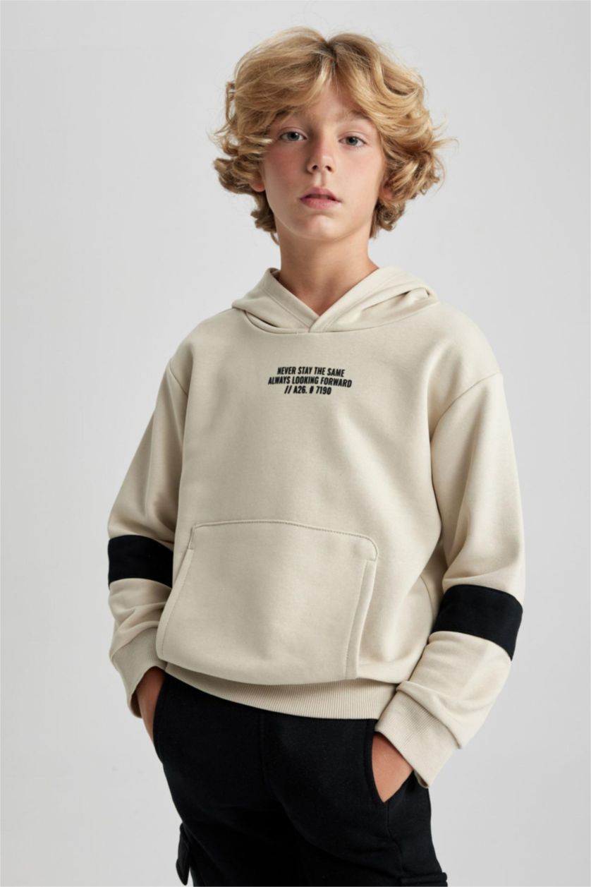 Boys & Teens Ecru Boy Oversize Fit Hooded Sweatshirt