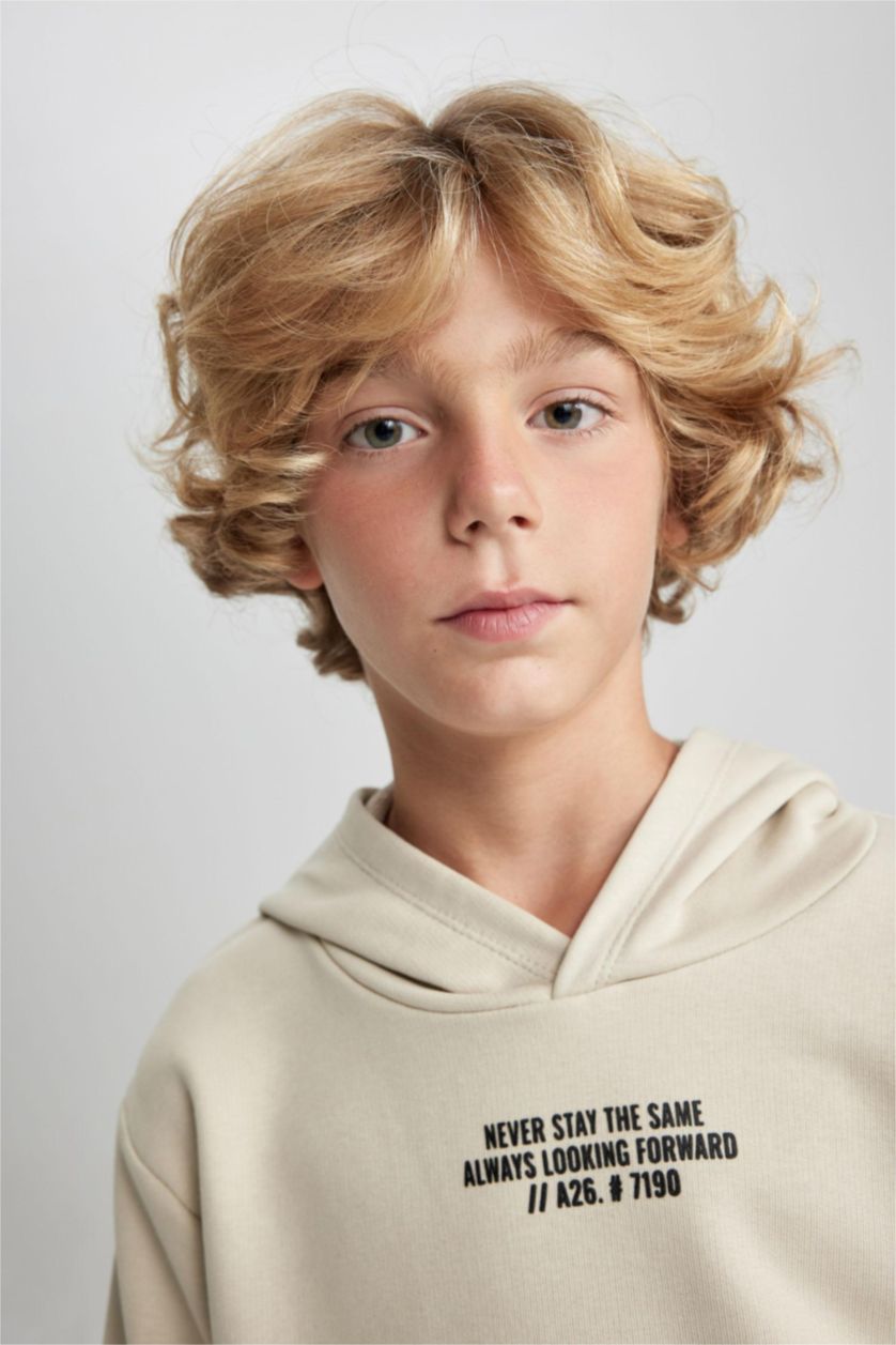 Boys & Teens Ecru Boy Oversize Fit Hooded Sweatshirt