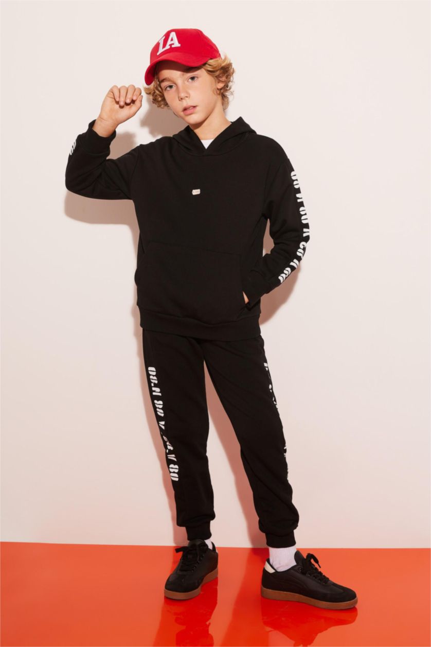 Boys & Teens Black Boy Oversize Fit Hooded Crest Printed Sweatshirt