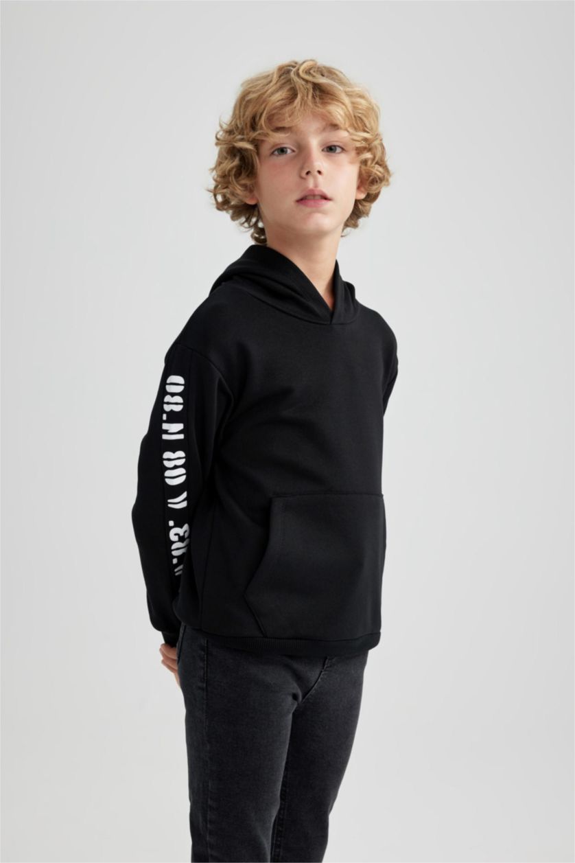 Boys & Teens Black Boy Oversize Fit Hooded Crest Printed Sweatshirt
