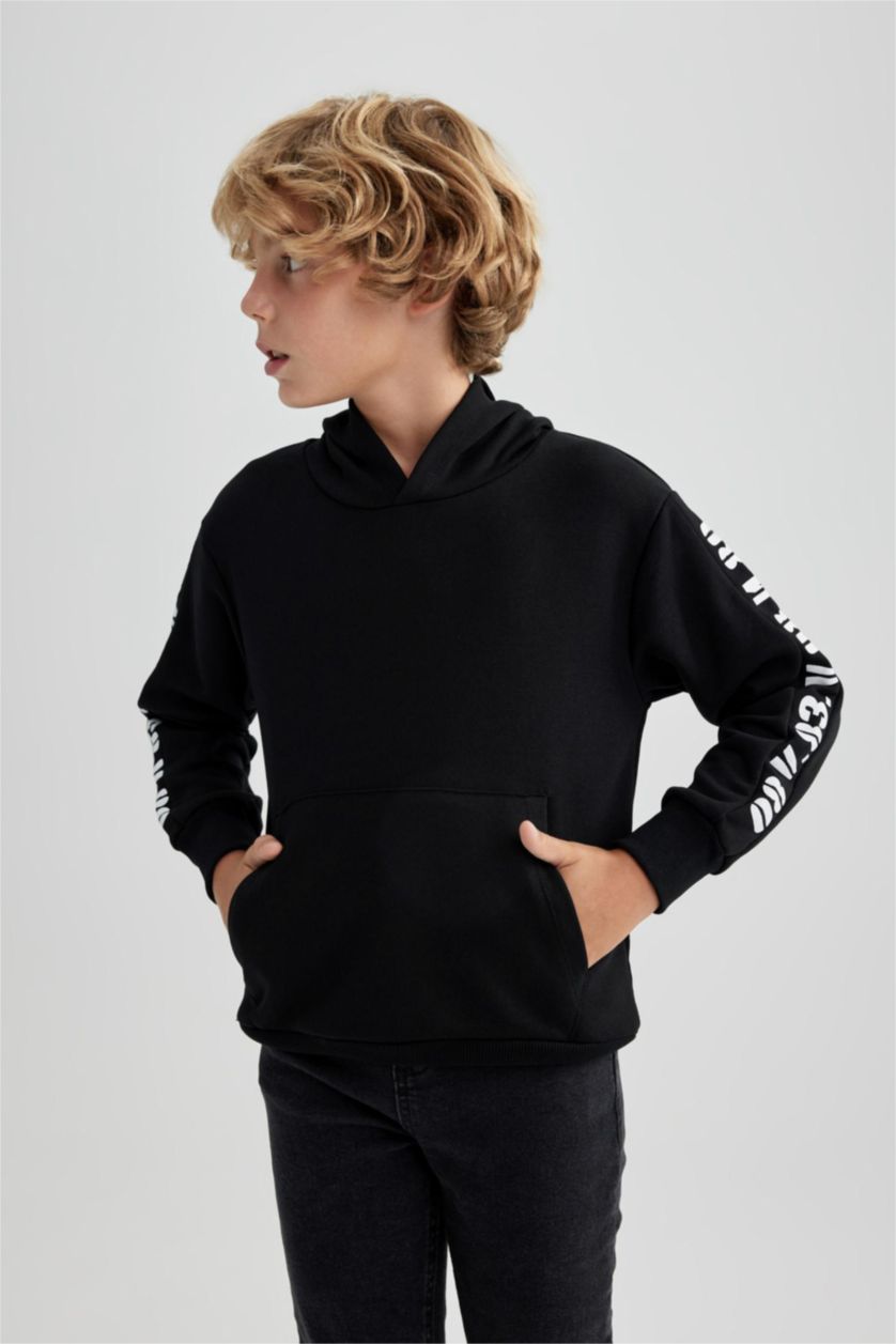 Boys & Teens Black Boy Oversize Fit Hooded Crest Printed Sweatshirt