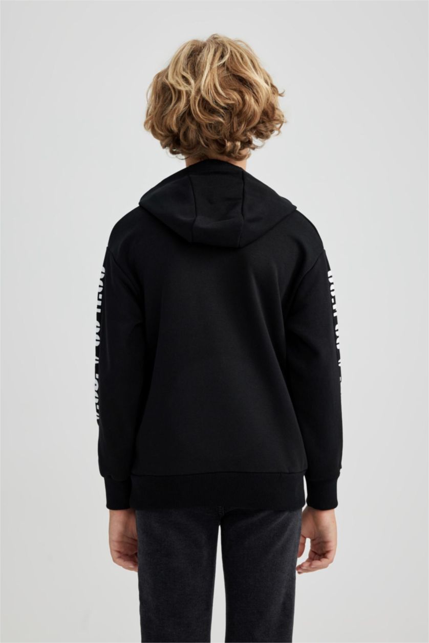Boys & Teens Black Boy Oversize Fit Hooded Crest Printed Sweatshirt
