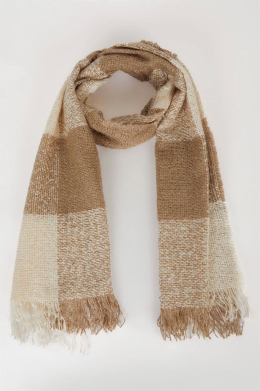 Kadın Bej Kadın Kareli Püsküllü Atkı