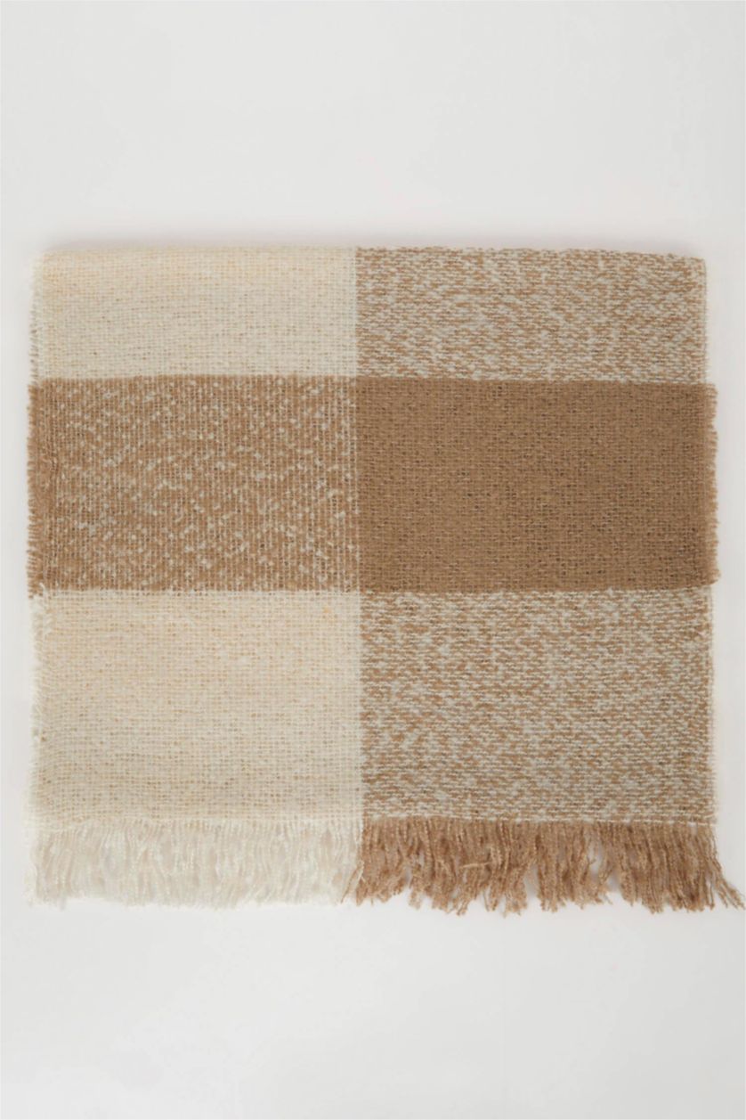 Kadın Bej Kadın Kareli Püsküllü Atkı