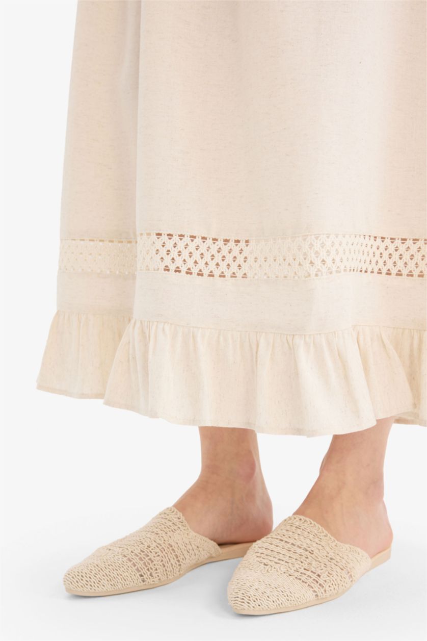 نساء بيج فاتح فستان محجبات طويل من مزيج الكتان قصة عادية بياخة عالية بحزام