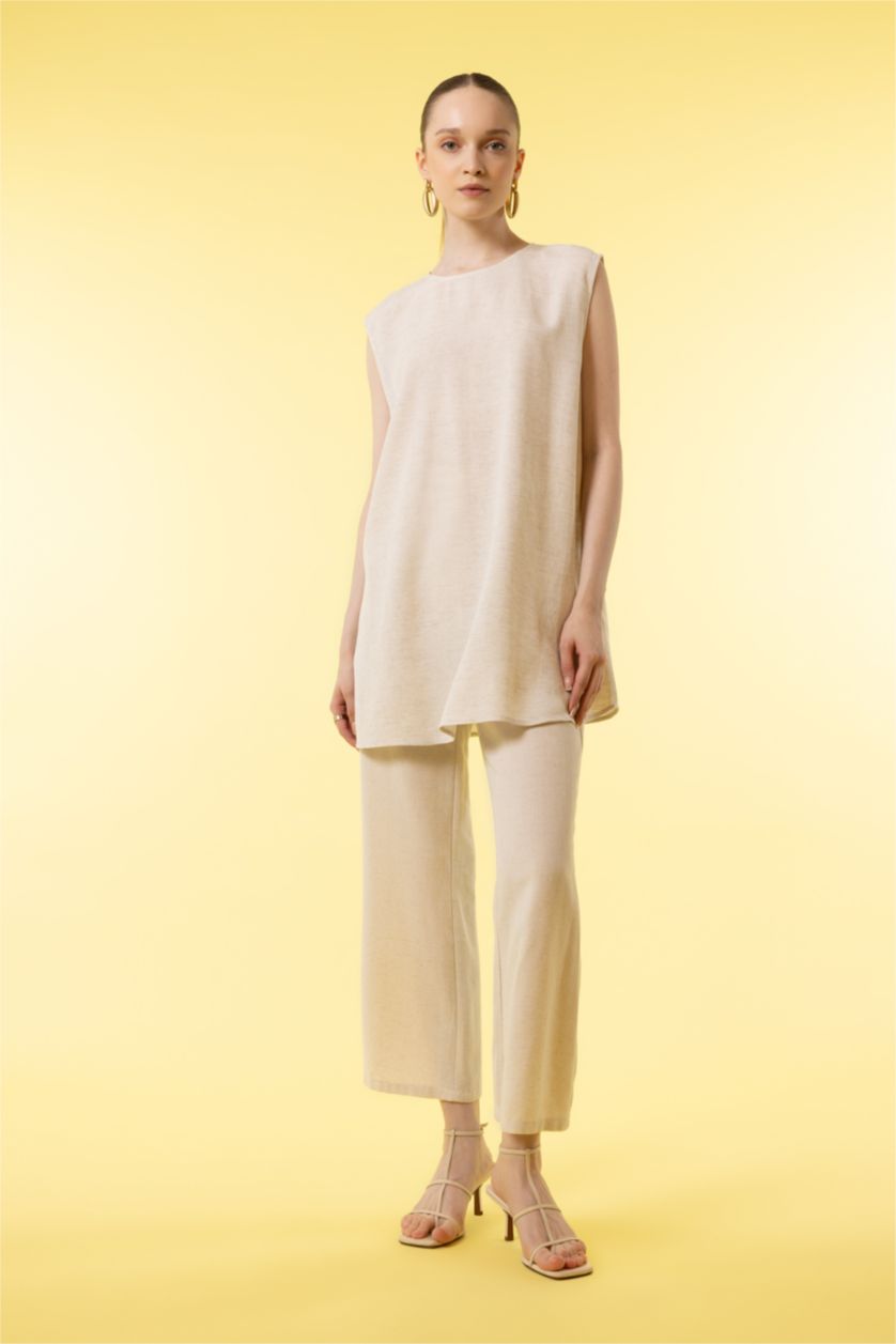 Kadın Ekru Regular Fıt Keten Karışımlı Uzun Kollu Tunik
