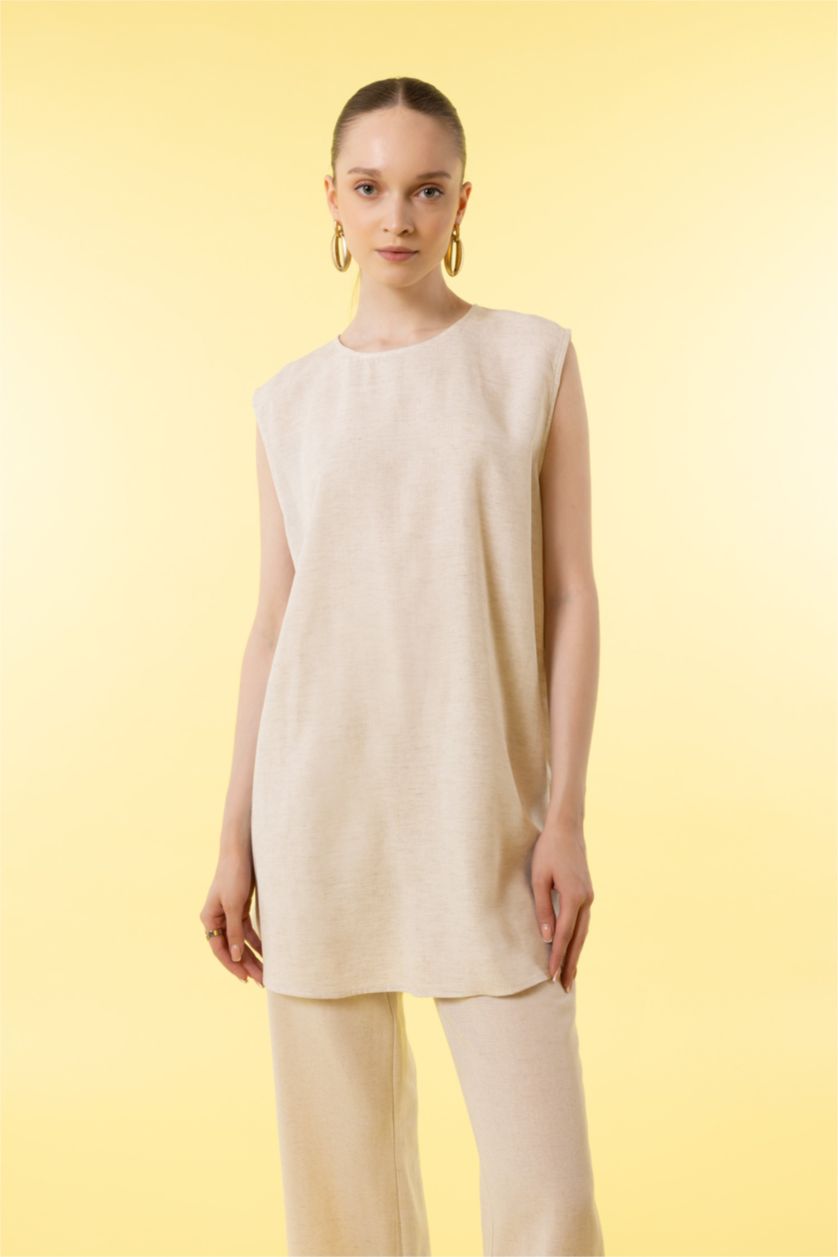 Kadın Ekru Regular Fıt Keten Karışımlı Uzun Kollu Tunik