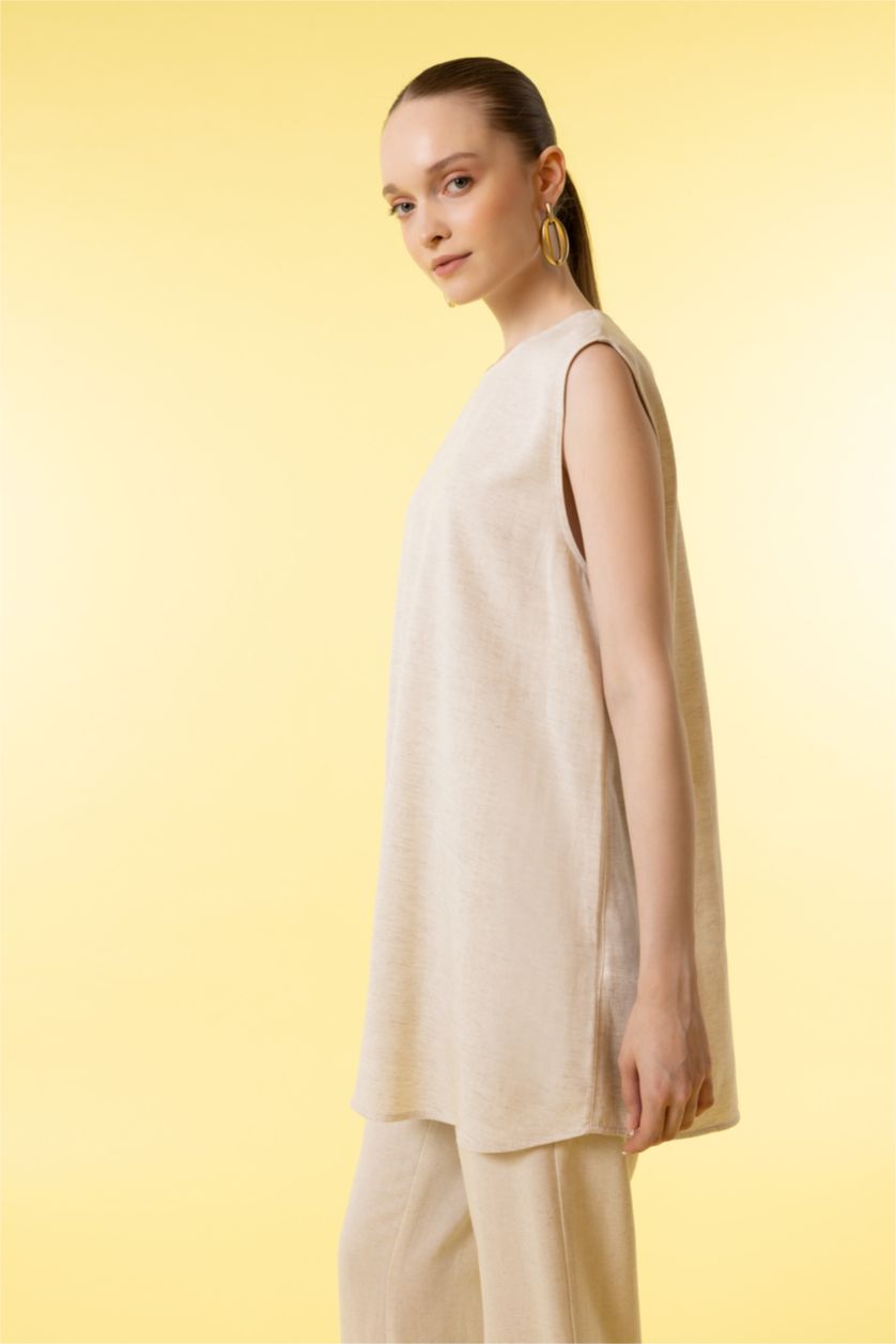 Kadın Ekru Regular Fıt Keten Karışımlı Uzun Kollu Tunik