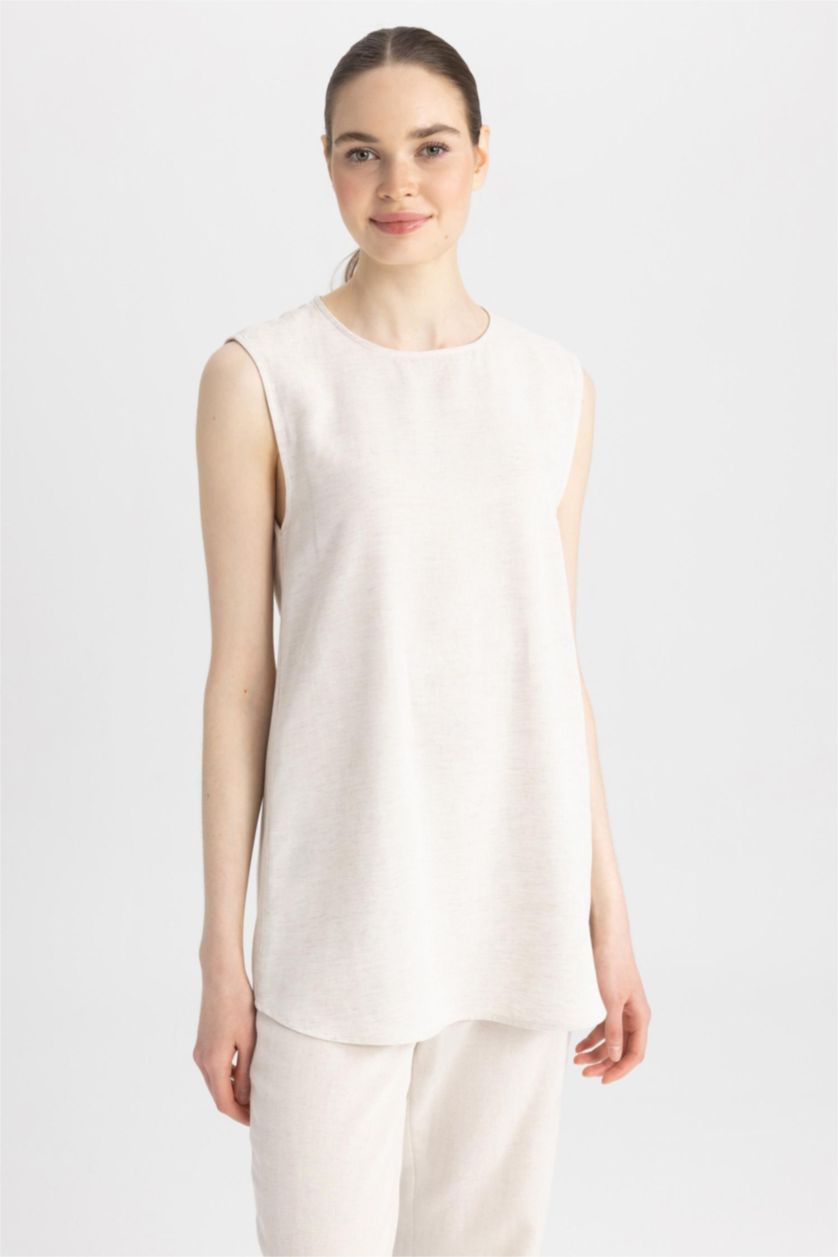 Kadın Ekru Regular Fıt Keten Karışımlı Uzun Kollu Tunik