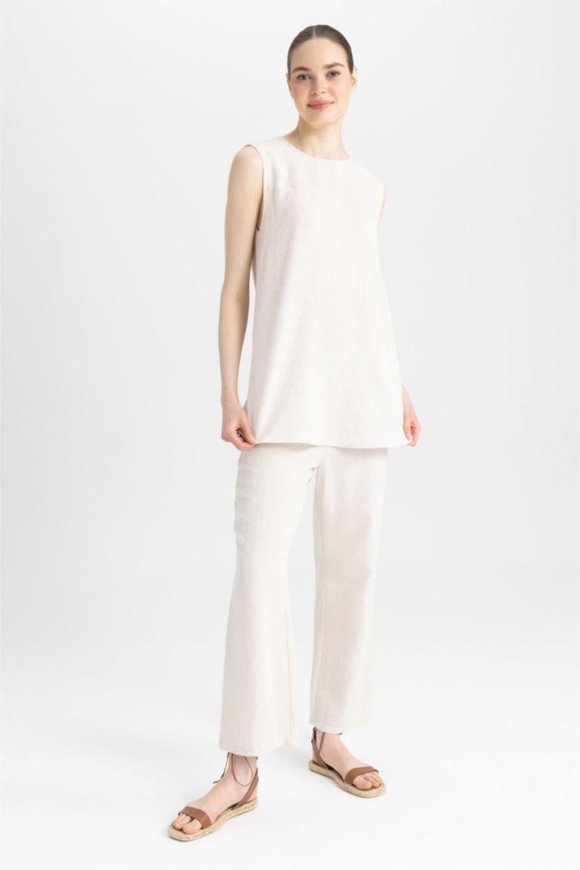 Kadın Ekru Regular Fıt Keten Karışımlı Uzun Kollu Tunik