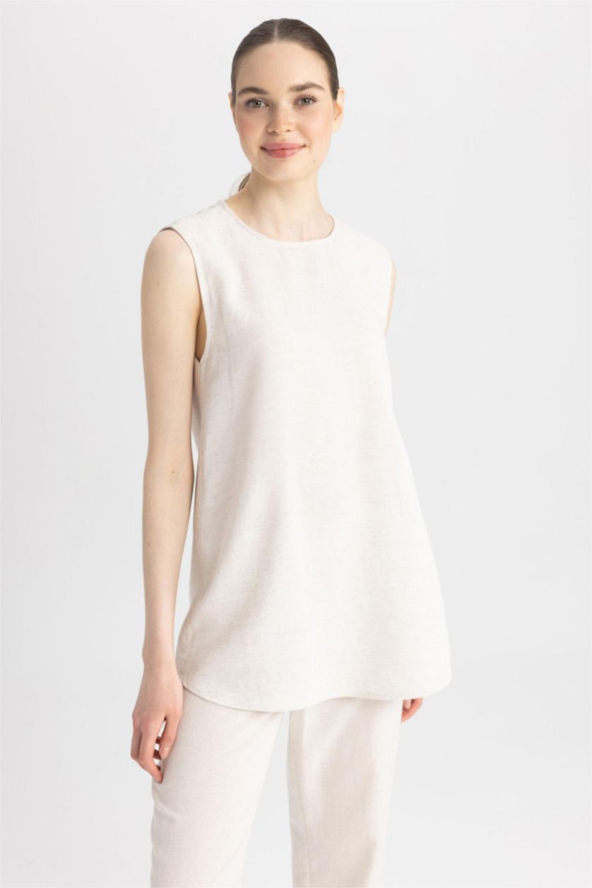 Kadın Ekru Regular Fıt Keten Karışımlı Uzun Kollu Tunik