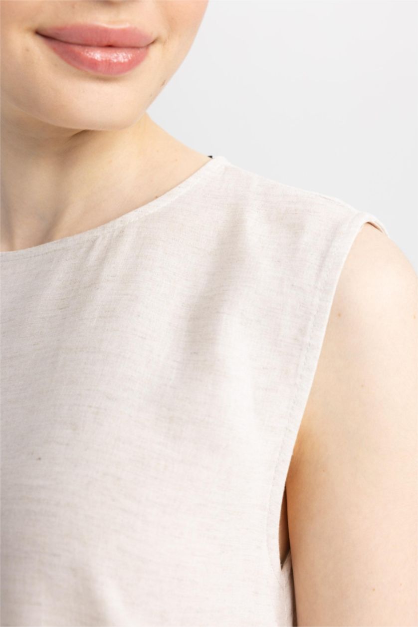 Kadın Ekru Regular Fıt Keten Karışımlı Uzun Kollu Tunik