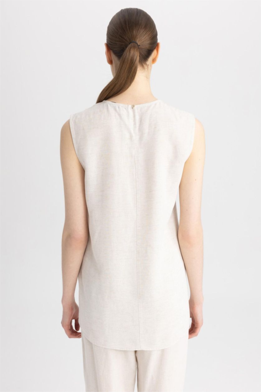 Kadın Ekru Regular Fıt Keten Karışımlı Uzun Kollu Tunik