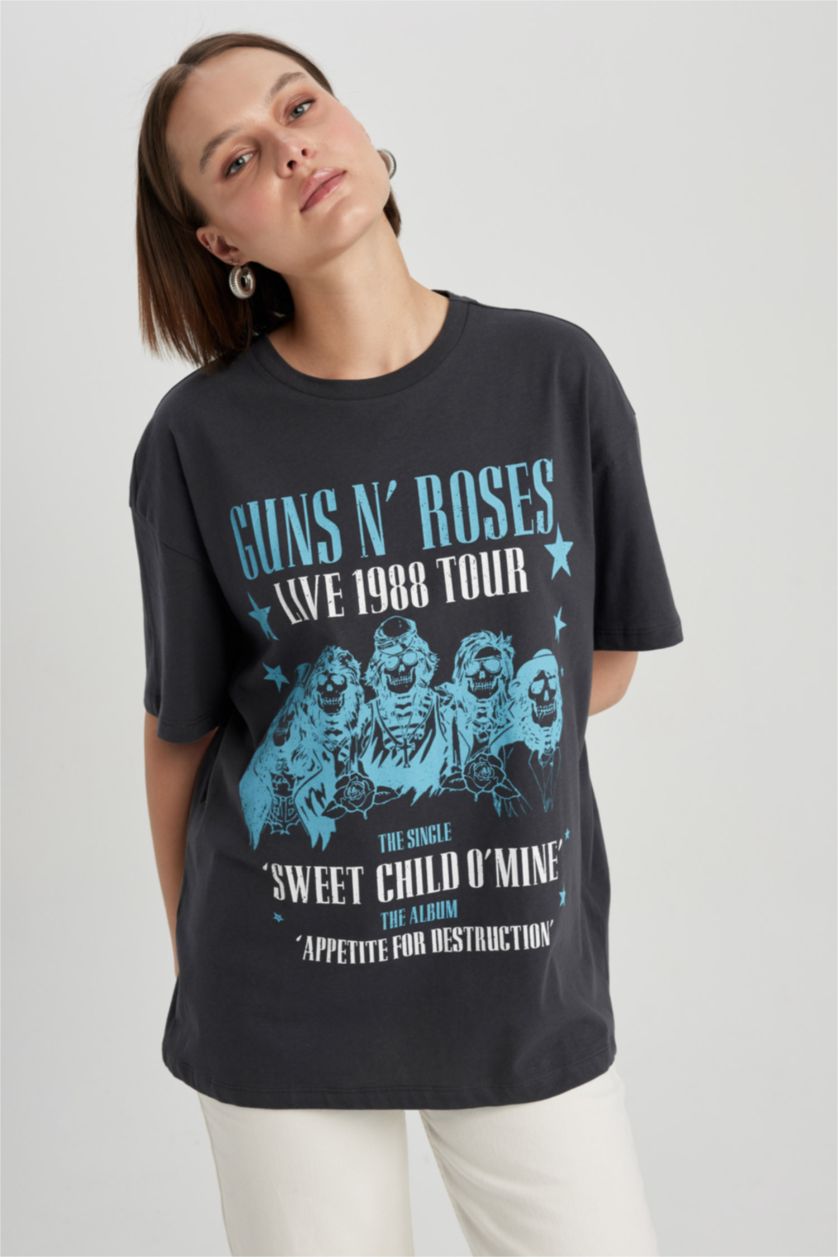 WOMAN Anthracite Guns N' Roses Licensed Oversize Fit Crew Neck Printed Short Sleeve T-Shirt