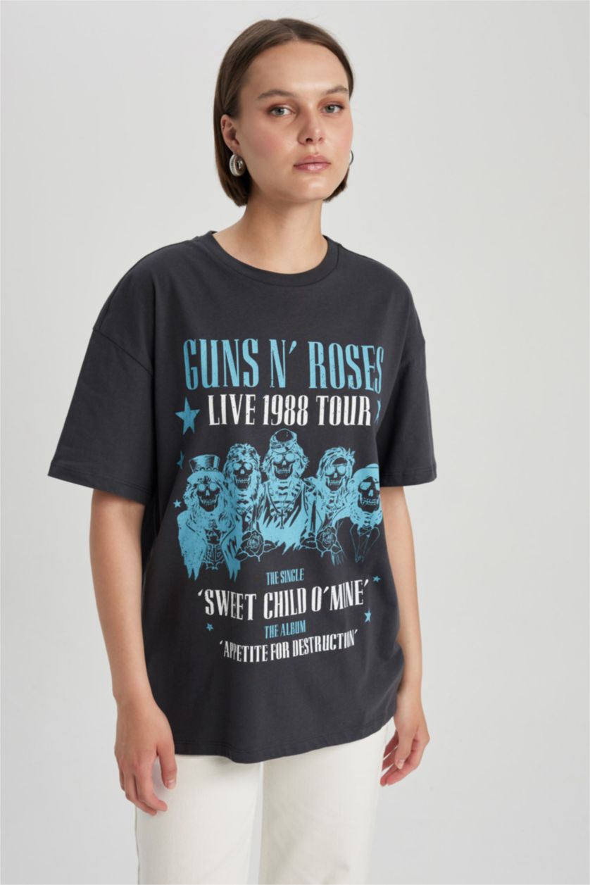 WOMAN Anthracite Guns N' Roses Licensed Oversize Fit Crew Neck Printed Short Sleeve T-Shirt