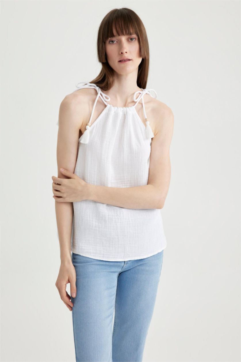 نساء أبيض بلوزة بدون أكمام قصة عادية برقبة رسن