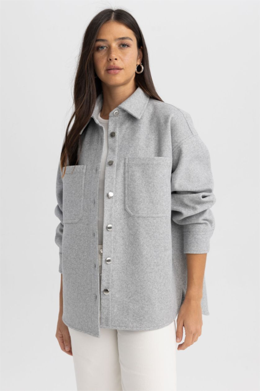 WOMAN Grey Melange Flanel Long Sleeve Shirt