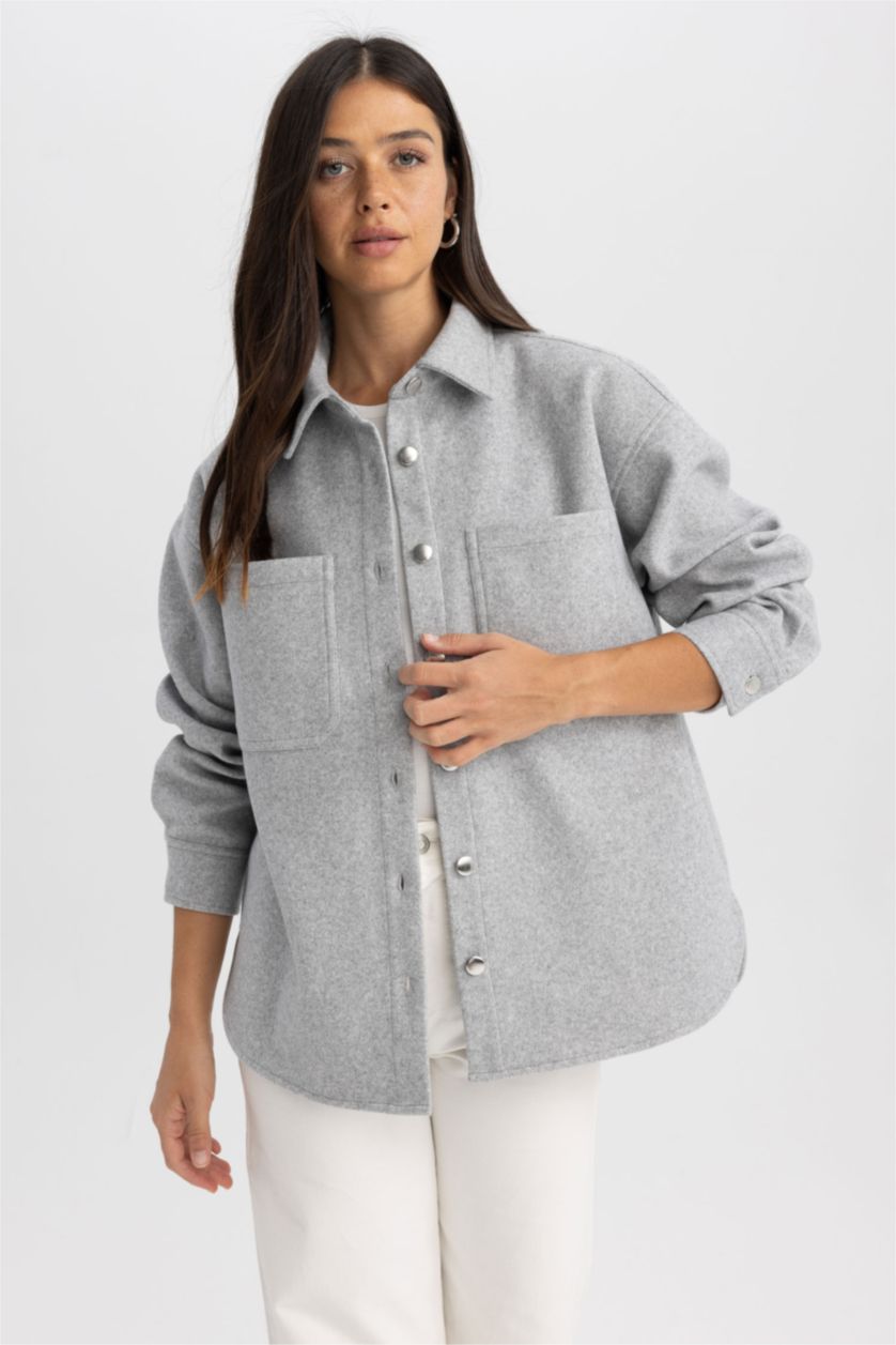 WOMAN Grey Melange Flanel Long Sleeve Shirt