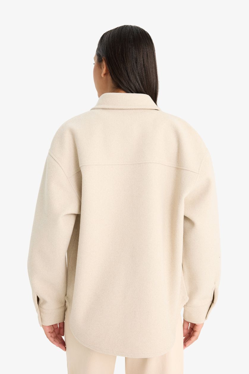 نساء بيج قميص ردن طويل فلانيل اوفر سايز